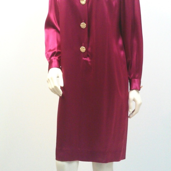 80s Satin Shirt Dress Pleated Shift Elegant Cocktail Barbiecore 10P - Picture 2 of 7